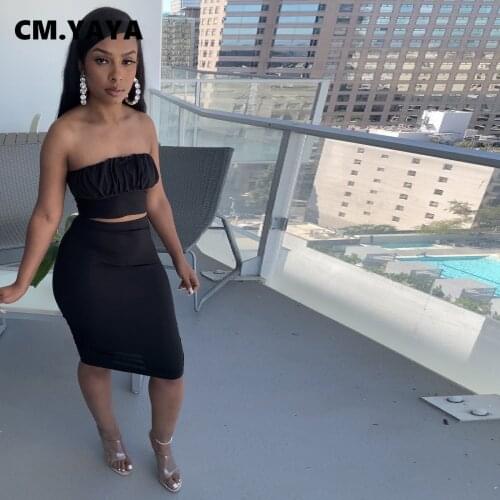 CM.YAYA Women Set Solid Sleeveless Strapless Bandage Crop Tops Skinny Midi Skirts Two 2 Piece Sets Sexy Fashion Outfits Summer