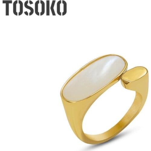 TOSOKO Stainless Steel Jewelry 18 K Gold Plated White Mother Shell Geometric Oval Ring Female Personality Fashion Ring BSA234