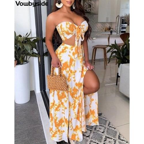 Womens Suit Summer New Style Printing Sexy Strapless Backless Split Fork Dress Ankle Length Long Dress Sets