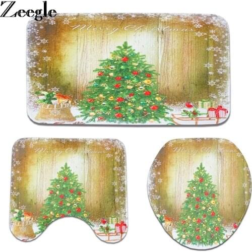 Zeegle Christmas Tree Bath Mat Floor Mat 3pcs Toilet Rug Absorbent Toilet Carpet Bath Rugs Non-slip Shower Mats Set