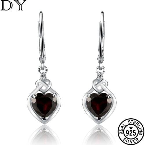 DY 100% 925 Sterling Sliver Drop Earrings For women Natural Red Gemstone Heart wedding party gift Fine Jewelry 925 Earrings