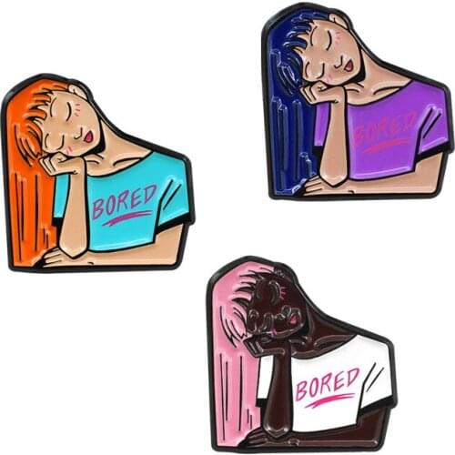 HOSENG Quite Bored Girl Alloy Brooch Funny Backpack Lapel Collar Enamel Jewelry Gift Pin Dress Fashion Vintage Badge HS_325