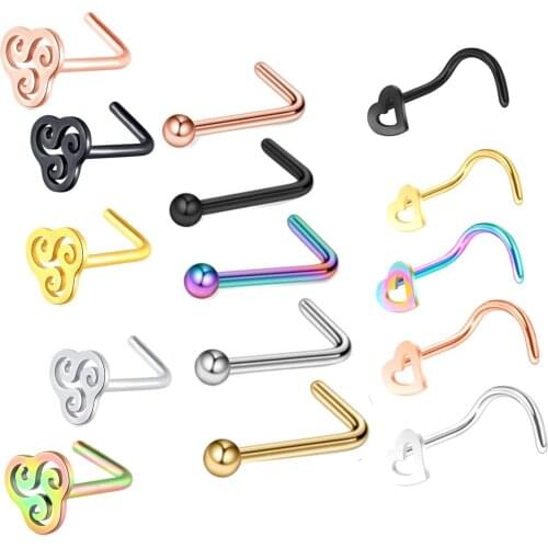 JUNLOWPY 1-5pcs Heart Nose Ring 20 Gauge Surgical Steel Nose Stud L Shaped Screw Bone for Women Girl Body Piercing Jewelry