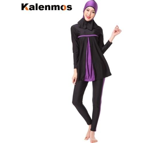 Kalenmos Muslim Swimwear Women Arab Islamic Hooded Swim Wear Bathing Burkini 3 Piece Suits Swimsuit Modest Swim Surf Wear Sport