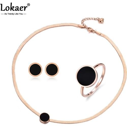 Lokaer Trendy Black Acrylic Stainless Steel Snake Chain Thin Necklace Bracelet Earrings Rings Jewelry Sets For Women Girl SE004