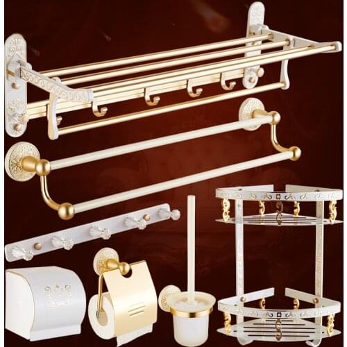 Lvory White Paint Space aluminum Bathroom Hardware Set Paper Holder Towel Bar Robe Hooks Toilet Brush Holders Shelves