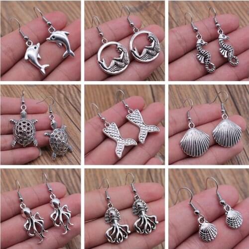 Sea Animal Marine Life Dangle Earring Vintage Shell Dolphin Octopus Squid Turtle Mermaid Shaped Earring For Women Summer Earring