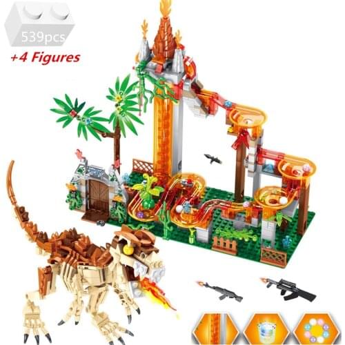 Marble Race Run Electric Funnel Slide Track Maze Ball Building Blocks Jurassiced Dinosaur Park World With Light Music Kids Toys