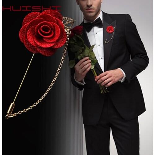 HUISHI Brooches For Men Accessories Shirt Pin Chain Gold Leaves Handmade Camellia Brooch For Wedding Korean Fashion Jewelry