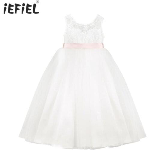 2-12Y Elegant White Kids Girls Sleeveless Princess Pageant Wedding Bridesmaid Teenagers Summer Children Birthday Party Dress