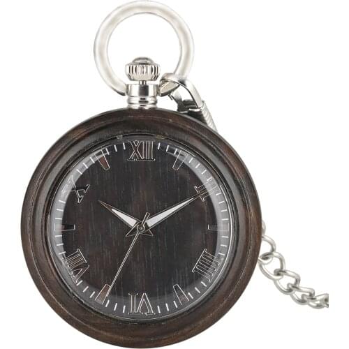Portable Dark Brown Ebony Quartz Pocket Watch Practical Large Round Dial With Roman Numerals Silver Pendant Chain Unisex