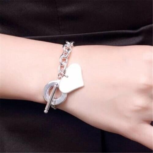 Romantic Heart Chain Button Hanging Bracelet Silver Plated Womens Girls Birthday Party Fine Gift