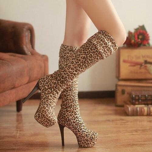 Autumn Winter New Frosted Leopard Print Knee Boots Lady Waterproof Platform Stiletto Boots Super Stretch Cloth Women Shoes