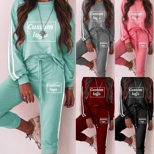 Spring Summer Tracksuit Womens 2 Piece Set Striped Loose Print Sweatshirt+Pants Suit Sportswear Custom Your Logo Outfits Female