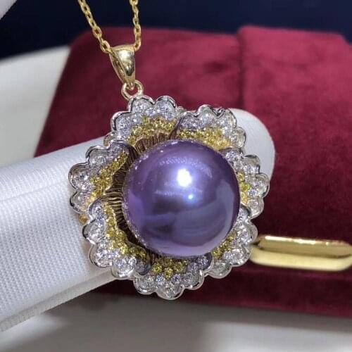Fine Jewelry 14K Yellow Gold Natural Ocean Purple Pearl 15-14mm Pendant Necklaces for Women FIne Pearls Pendants