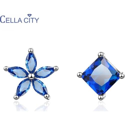 Cellacity Sapphire Earrings for Women Silver 925 Jewelry with Gemstones Asymmetric Ear Studs Flower Square Simple Style Gift