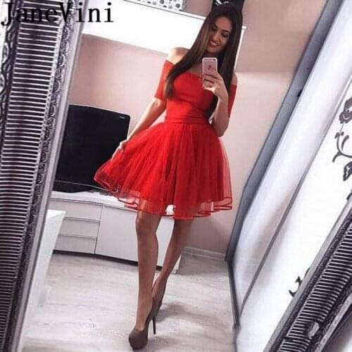 JaneVini Graduation 2019 Charms Homecoming Dresses Off Shoulder Short Red Tulle Prom Dress Half Sleeve Little Black Dress Zipper