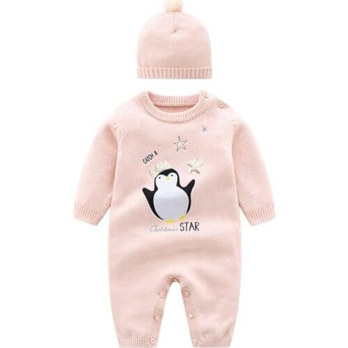 0-24M Winter Toddler Clothes Romper Girl Pink Cartoon Penguin Long Sleeve Knit O Neck Warm Jumpsuits + Hat Sets For Newborn Baby