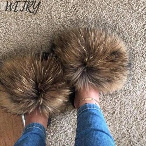 2020 Summer fox fur slides Cute Plush Fox slippers 100% real fox hair luxury fashion beach slippers size 36-45