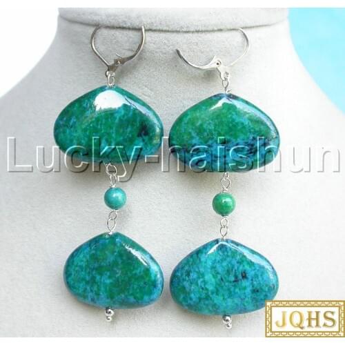 AAA natural 8" 21X30mm oval green chrysocolla Earrings 18KGP hoop j13266
