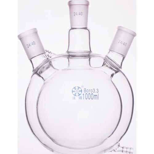 Double-deck spherical three-necked round bottom flask,Capacity 1000ml,Joint 24/40,Mezzanine jacketed reactor bottle