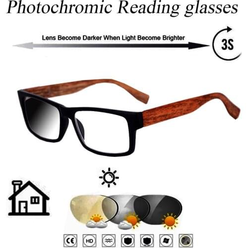 Photochromic Gray Reading Glasses Ultralight Trend High Quality Fashion for Men Women Black Wooden Frame Rectangular+0.75To +4.0