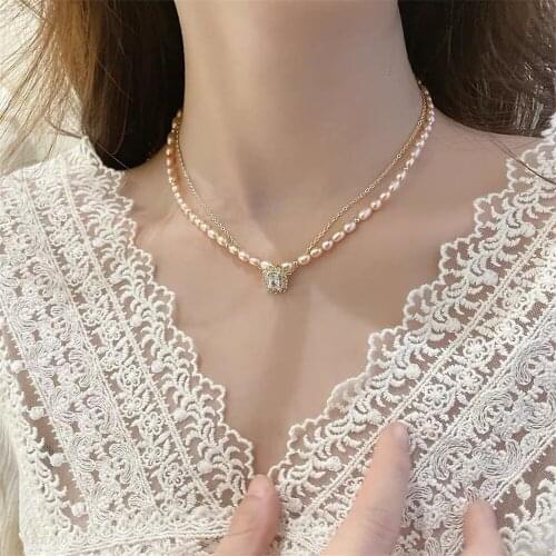 Exquisite Geometry Pearl Pendant Necklace for Female Rhinestone Choker Layered Chain Inlaid Zircon Jewelry Accessories