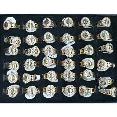 Cute Crystals Surround Mix Designed Surface Gold Color Stainless steel Rings 36pcs/lot