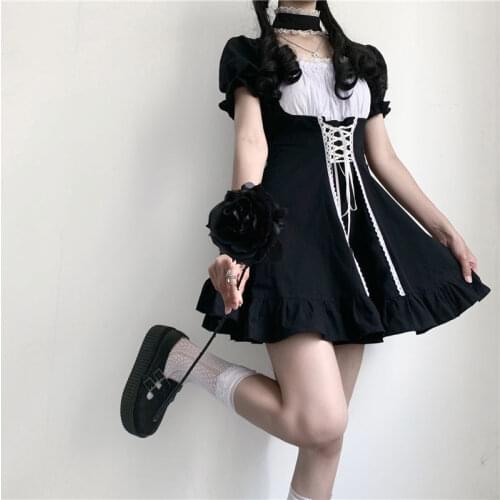 Halloween cat role play dark tie bubble sleeve lace bow waist dress day tie cute Lolita dress birthday Christmas present