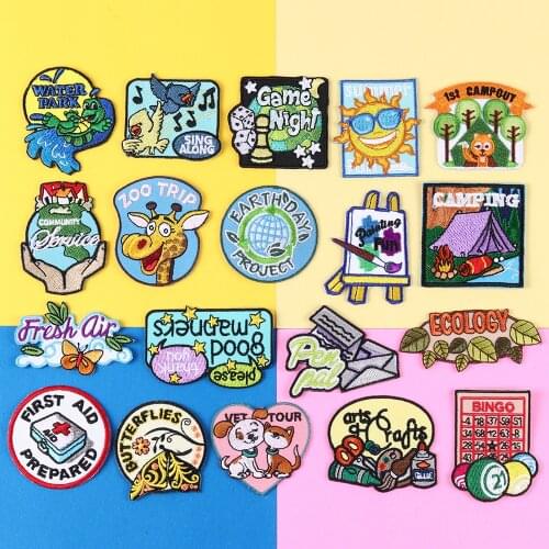 Cartoon Camping Patches Rainbow Girls Sun Animal Iron On Embroidery Patch Cute Owls Applique For Clothing Stickers DIY For Kids
