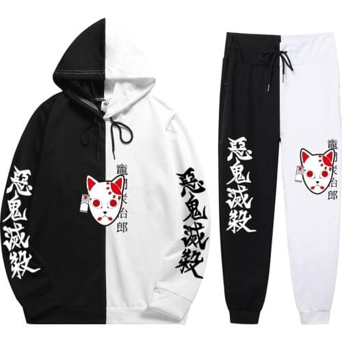 Mens 2 Pieces Sets Anime Harajuku Demon Slayer Print Double Color Patchwork Thin Hoodie+PatchworkPants New Summer Sweatshirt