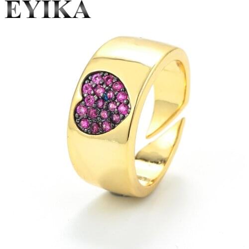 EYIKA New Trendy Micro Pave Multicolor Zircon Heart Ring Wedding Copper Knuckle Wide Open Rings for Women Fashion Finger Jewelry