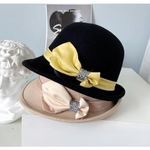 New Australian Wool Dome Wide Brim Bucket Hat Fedoras Hats For Women Autumn Winter Hepburn Style Basin Hat Bow Casual Cloche Hat