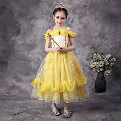 Princess Belle Dress for Girl Kids Floral Ball Gown Child Cosplay Bella Beauty and The Beast Costume Fancy Party