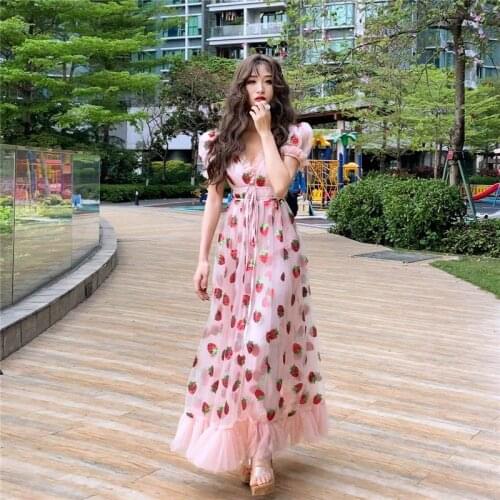 Strawberry dress Sequined Embroidery Cascading Ruffle Maxi Dress Women summer V-neck Puff Sleeve Bow Pink Tulle Mesh Long Dress