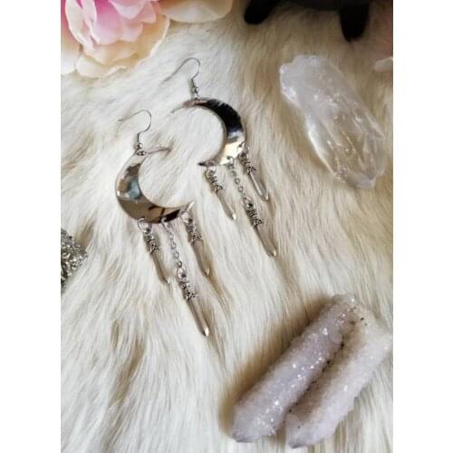 Dagger - Earrings - Crescent Moon - Sword - Long - Goth - Gothic - Witchy - Celestial - Jewelry - Silver plated- Moon