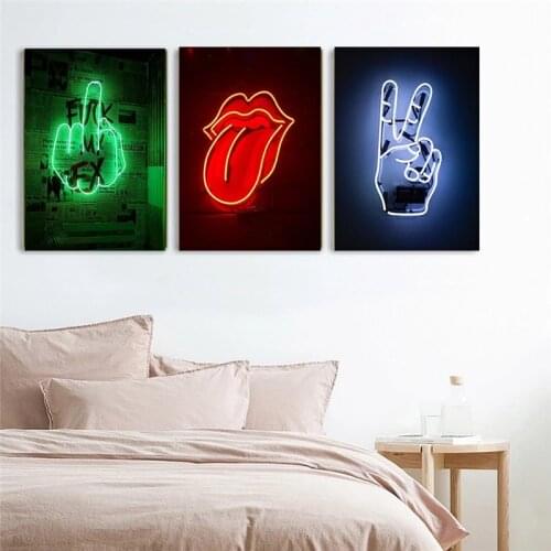 Middle Finger Print Rude Finger Line Drawing Wall Art Peace Sign Modern Funny Rolling Stones Poster for Office Home Decoration