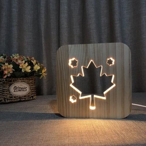 Maple Leaf Ambience Light Creative Bedroom Bedside Lamp Solid Wood Carved 3D Night Lamp
