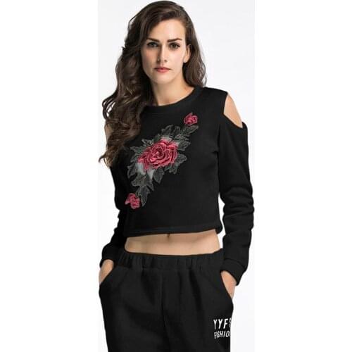 Spring Sweatshirt Women Street Style Casual Sexy Slim Bodycon Embroidery Rose Hoodies Women O-neck Off Shoulder Long Sleeve Tops