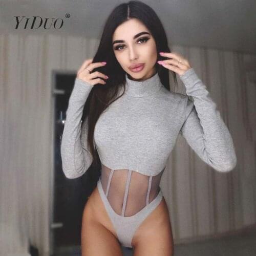 YiDuo 2019 New Casual Grey Black White Bodysuit Women Patchwork Mesh See Through Sexy Bodysuit Fitness Turtleneck Body Top Mujer