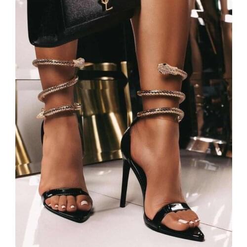 Women Peep Toe Stilettos Metal Snake Cross Ankle Straps Pumps Shoes Sandals Slingbacks Sexy Black Gold
