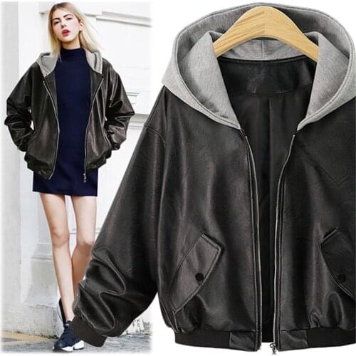 Large size was thin coat female 2018 new loose autumn and winter loaded black pu leather jacket hooded jacket TB181104
