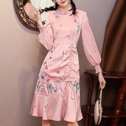 2021 chinese flower embroidery cheongsam dress woman chinese style party qipao cheongsam vintage elegant wedding qipao vestido