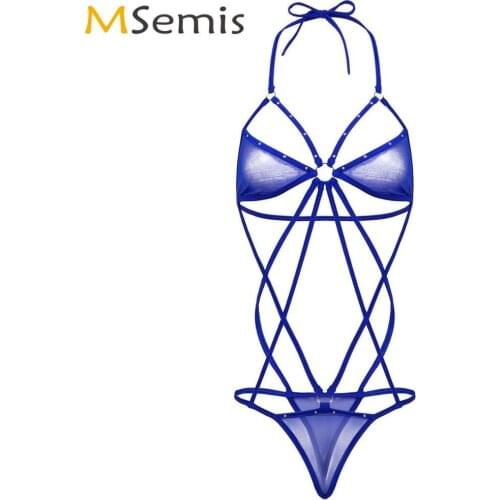 Women Erotic Strappy Bondage Bodysuit Sexy Hollow Out Transparent Mesh Body Lingerie Hot Backless Bikini Thong Harness Nightwear