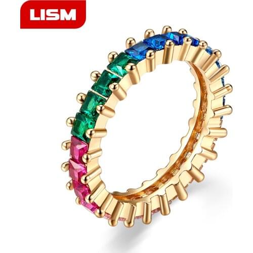 Colorful CZ Eternity Band Ring Thin Skinny Engagement Wedding Birthstone Rainbow Color Classic Simple Round Circle Finger Rings