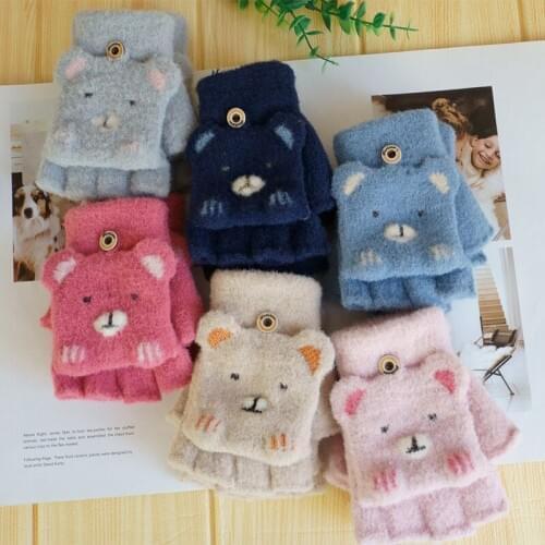 Little bear childrens gloves winter thickening plus velvet cold and warm cartoon plush clamshell half-finger gloves wholesale