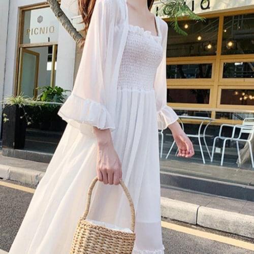Geskeey Bohemian Summer Beach Wear Long Kimono Cardigan Solid Pagoda Sleeve Chiffon Tunic Women Tops Blouse Shirt Sarong Plage