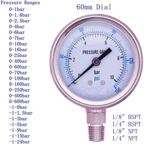 M14x1.5 1/8" 1/4" BSPT/NPT 60mm Dial -1 To 600 Bar Pressure Gauge 304 Stainless Bar PSI N2 Steam Brewing Pneumatic