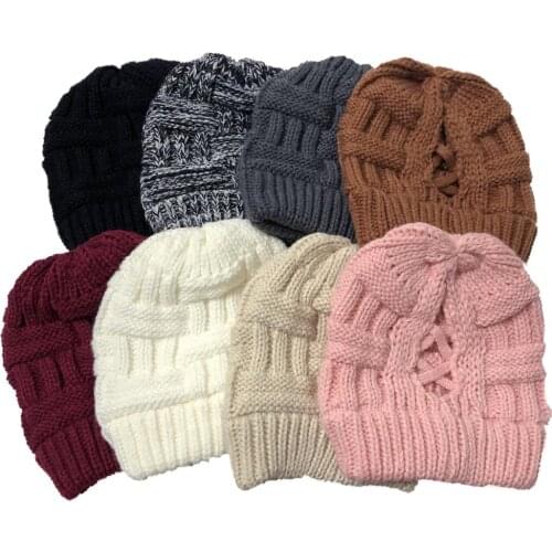 HanXi Fashion Winter Women Hat Beanie Cross Criss Ponytail Hats Skullie for Girls Warm Ski Cap