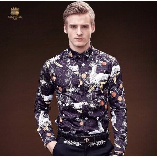 FanZhuan 2017 Free Shipping New fashion casual male mens personality long sleeved Slim shirt crane Botany 712005 printing